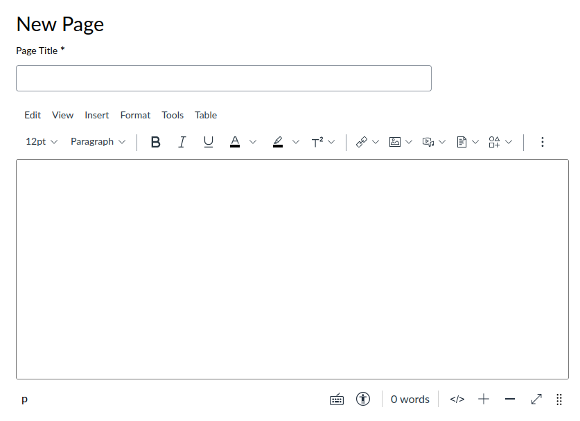 A screenshot of the Canvas Learning Management System 'New Page' interface, displaying the blank Rich Content Editor (RCE). The interface features a Title field at the top, a toolbar with standard formatting icons (bold, italic, font size) in the middle, and a large empty white text entry box. The status bar at the bottom includes a word count of zero and the </> icon for toggling the raw HTML editor.