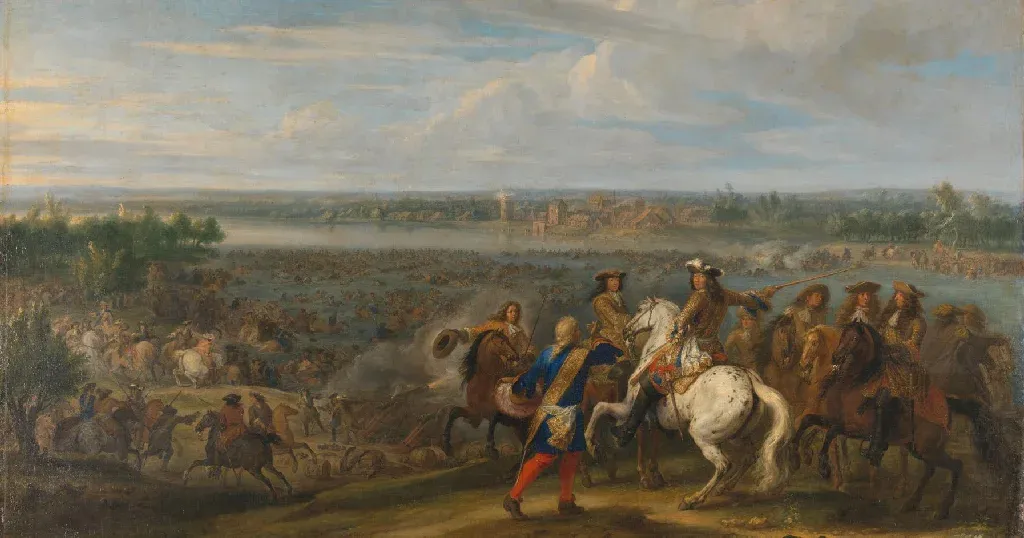 A grand panoramic oil painting showing King Louis XIV on horseback in the foreground, commanding a massive French army as they cross the Rhine river.