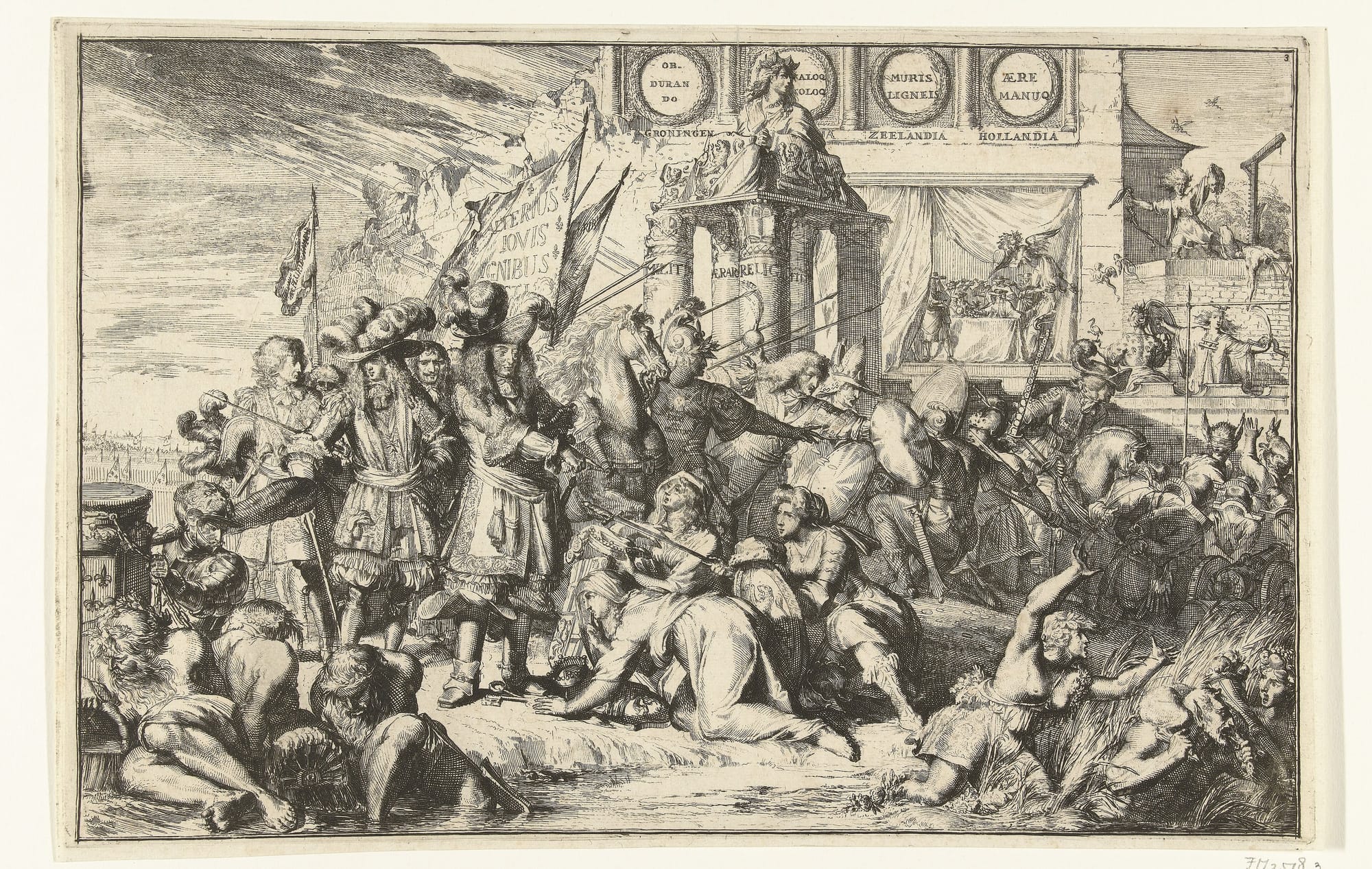 A chaotic and detailed 17th-century etching by Romeyn de Hooghe depicting scenes of warfare, pillaging, and civil unrest during the Dutch Disaster Year.