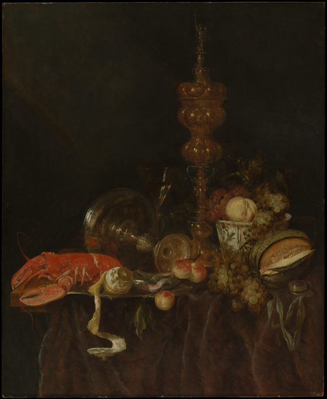 A lush Dutch Golden Age still life painting featuring a large, red lobster prominently displayed on a silver platter amidst grapes and peaches.
