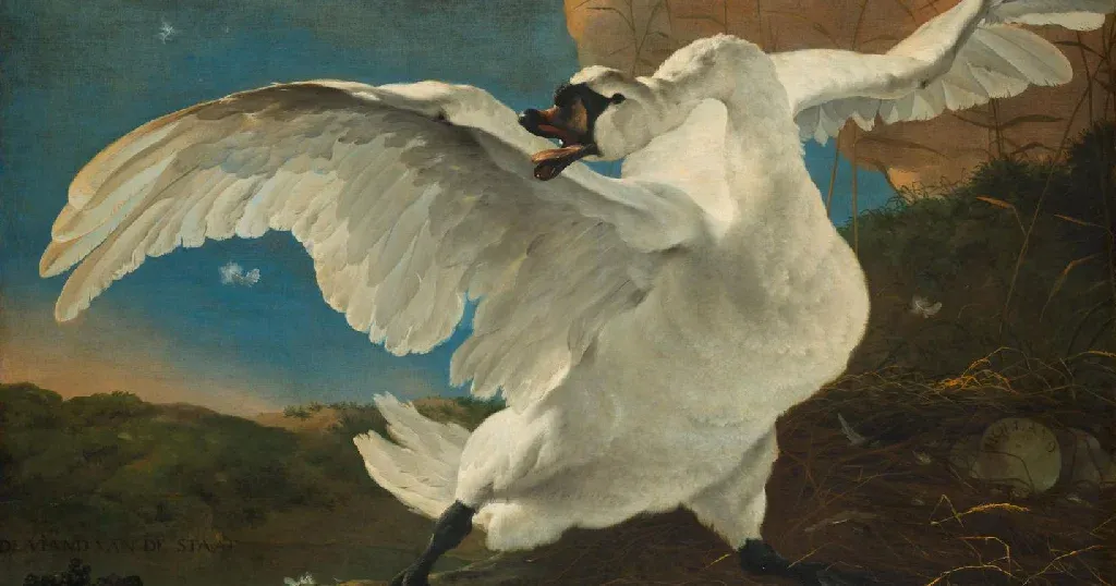A dramatic oil painting of a life-sized white swan hissing with spread wings to protect its nest.