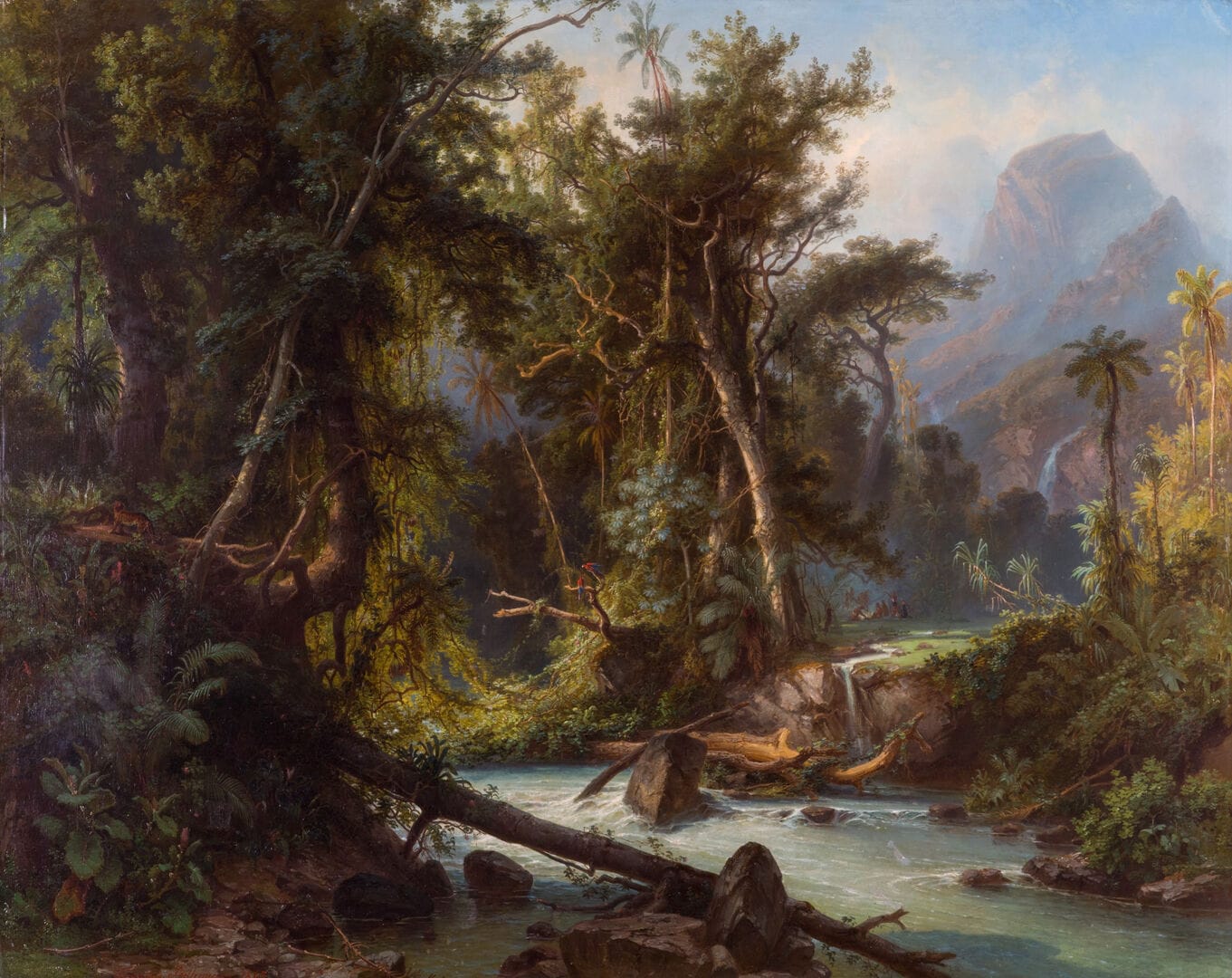 A 19th-century oil painting depicting a dense, lush Venezuelan jungle. Towering trees and hanging vines frame a rushing river in the foreground, while small indigenous figures appear as incidental details against a backdrop of misty, sunlit mountains.