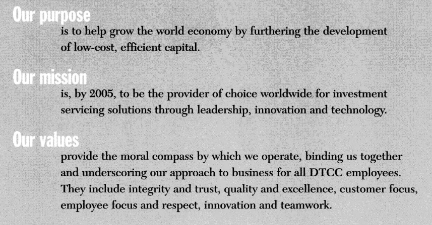 A graphic containing three brief statements. "Our purpose" is described as helping to grow the world economy by furthering the development of low-cost, efficient capital. "Our mission" is to be the provider of choice worldwide for investment servicing solutions by 2005. "Our values" are described as the moral compass for operations, including integrity and trust, quality and excellence, customer focus, employee focus and respect, innovation, and teamwork.
