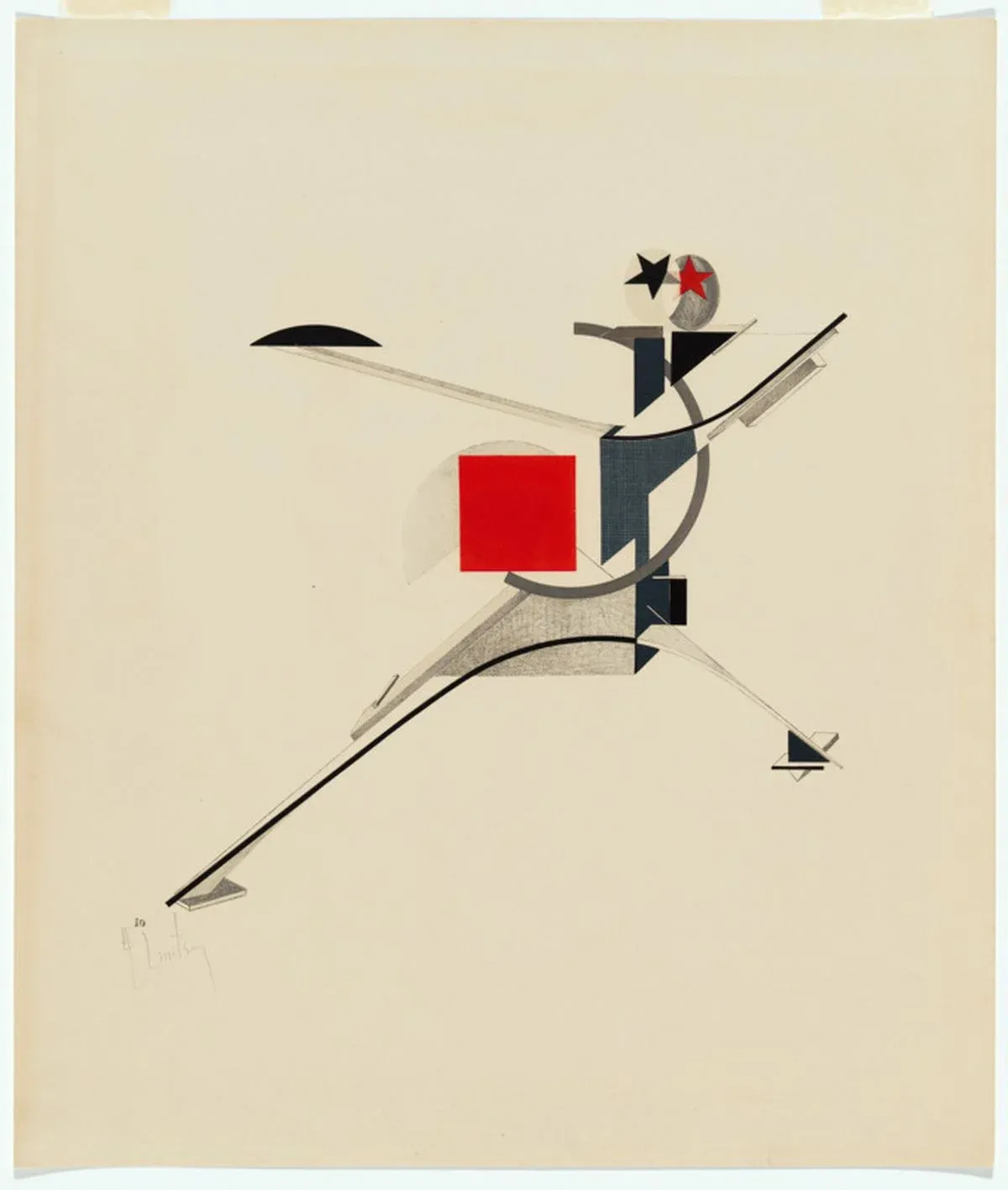 El Lissitzky's lithograph "The New Man." It depicts a humanoid figure composed entirely of geometric shapes—squares, diagonals, and a red star—suspended in a void. The figure symbolizes the integration of humanity with the precise, structural logic of the industrial machine age.