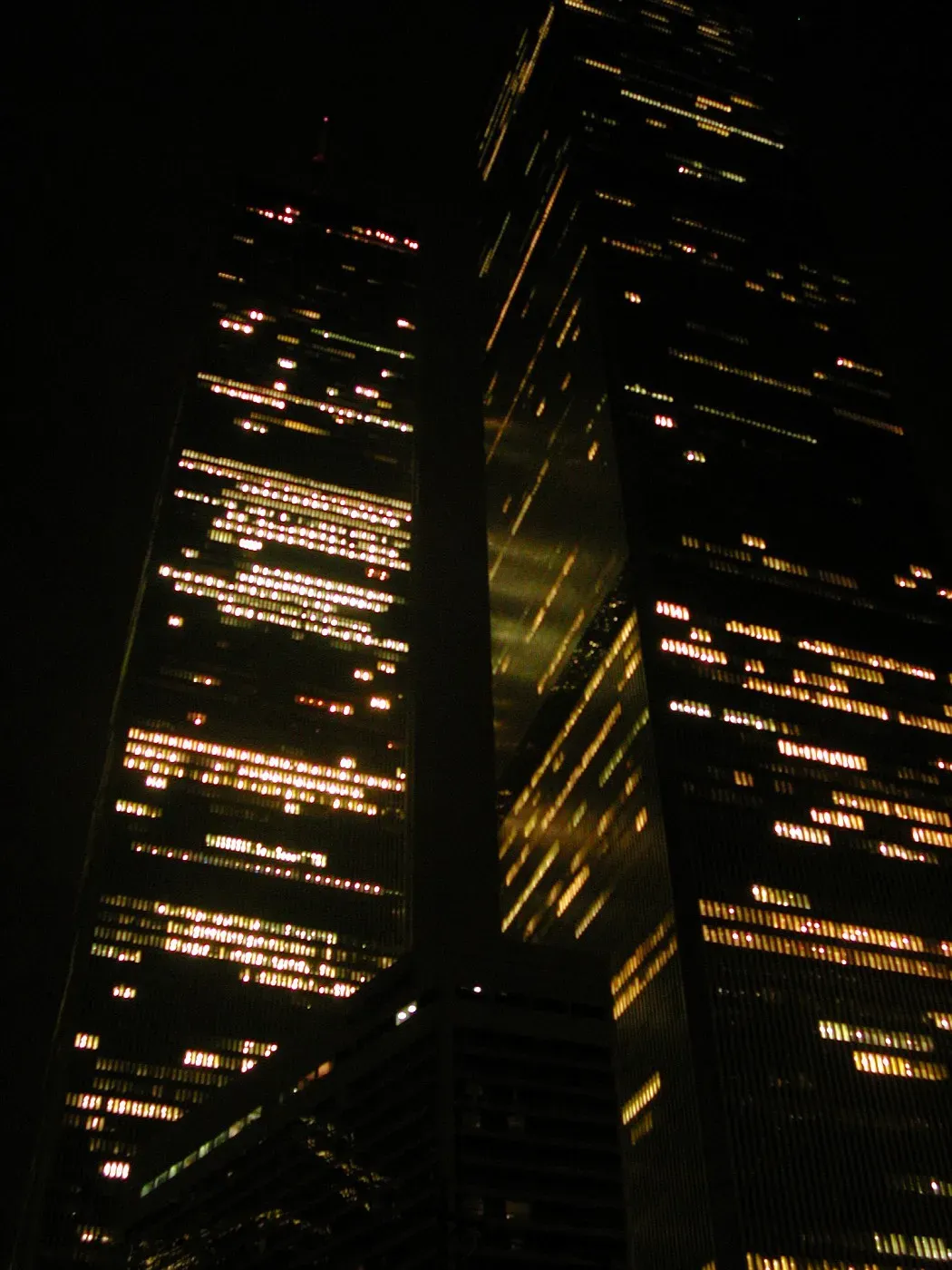 WTC in the pitch black of midnight, edited version of a photo taken by WTC electrician Konstantin Petrov.