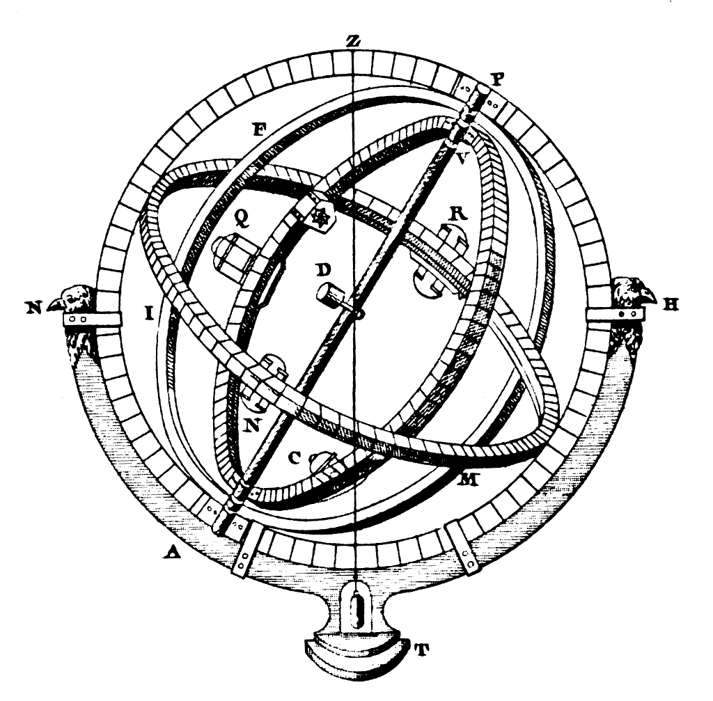 Historical armillary sphere diagram; nested celestial rings; frictionless cosmic container model.