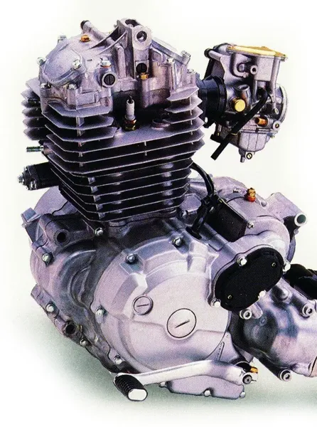 Combustion engine block; prominent metallic cooling fins; compressed metastable structural design.