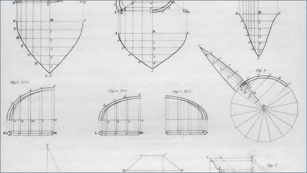 An 1826 technical engraving of complex geometric diagrams and projection lines. Numbered figures illustrate mathematical curves and structural schematics of joinery on textured paper.