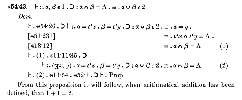 Scan of Russell & Whitehead's Principia Mathematica showing dense logic. Prop 54.43 bears the note: "From this proposition it will follow... that 1+1=2."