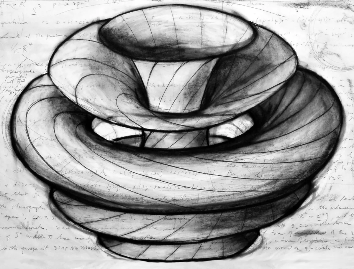 The Hopf Fibration, nested, intertwining toroidal shapes, black and white charcoal drawing, shaded for deep volume and geometric curvature.