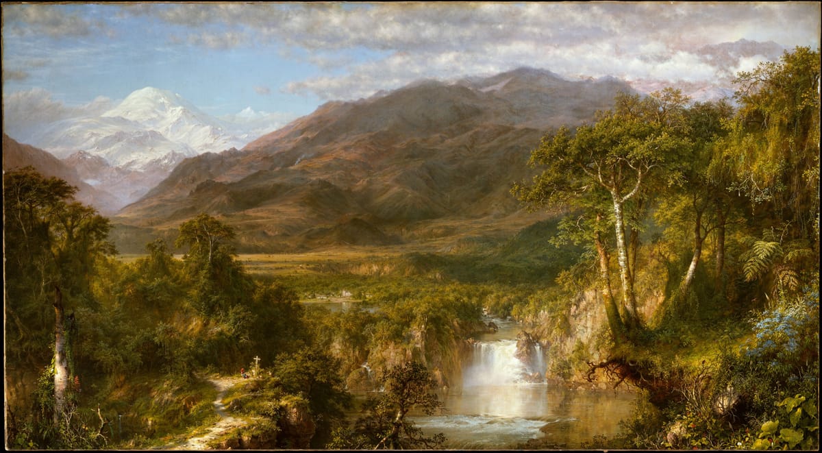 Panoramic landscape painting. Dense tropical jungle foreground. Central winding river. Vast receding valley. Distant snow-capped Andes mountains.